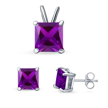 Princess Cut Jewelry Set Pendant Earring Simulated Amethyst Cubic Zirconia 925 Sterling Silver